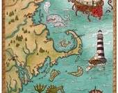 New England Coastal Map Cape Cod Sea Monster Art Print