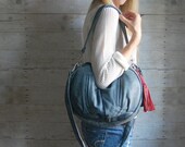 FURROW /// blue leather slouchy bag with red and blue tassel