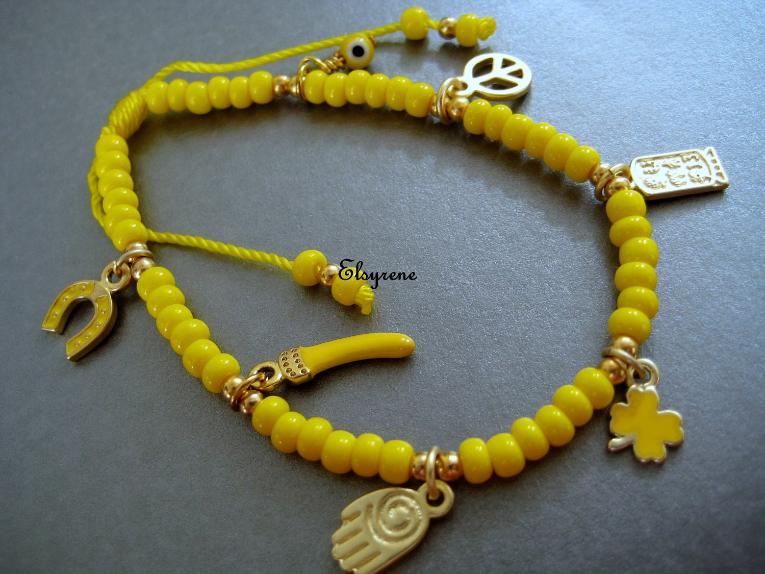 Adjustable Yellow/Gold Story Lucky Charm  Beaded Bracelet-Amulet hamsa Turkish Evil Eye red wrap bracelet peace clover horn charm