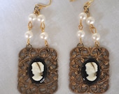 Vintage repurposed black glass cameo and pearl earrings