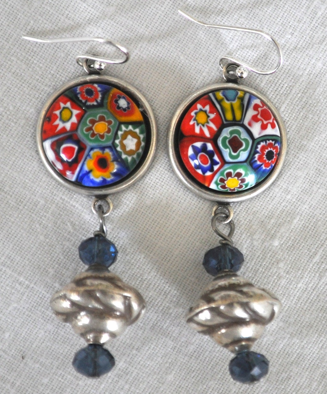 Vintage millefiori glass colorful cabs and tibetan silver beads repurposed blue earrings