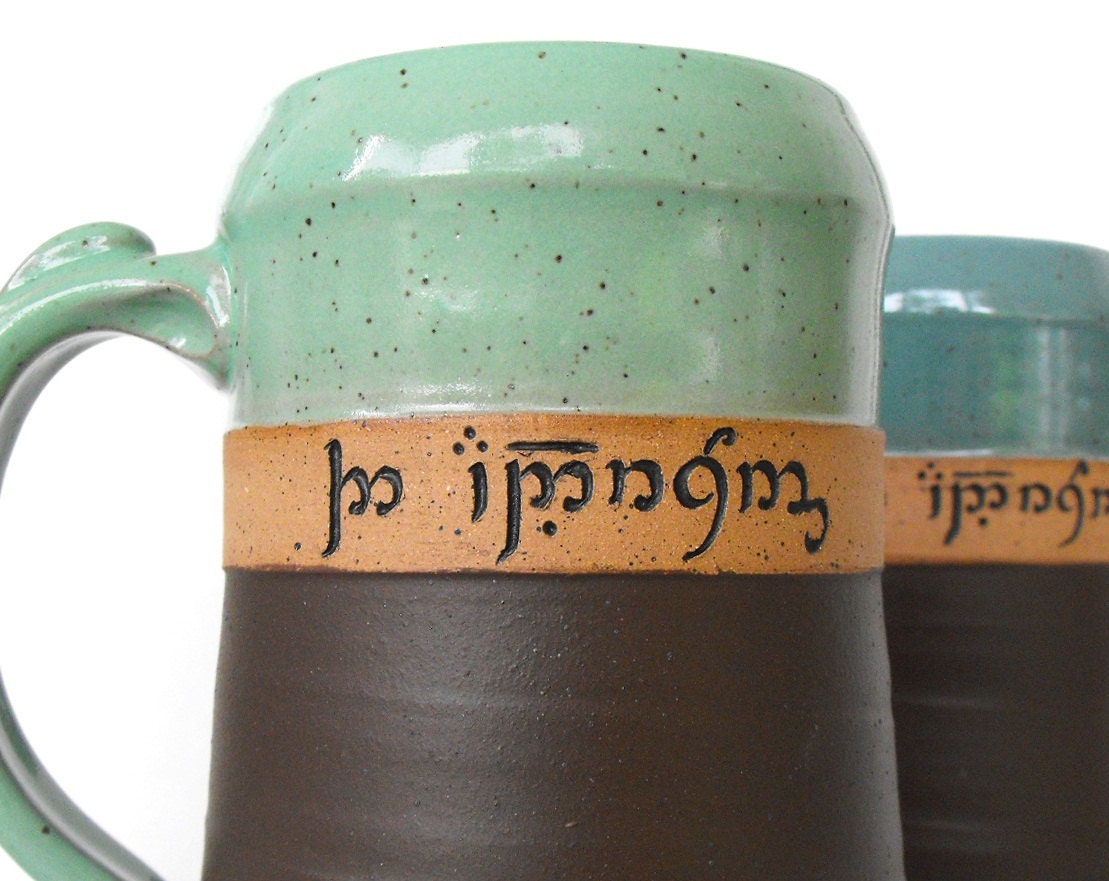 Custom Elvish  Script Carved Tankard, Stein, Personalized Pottery by Mud Pie Studio NC