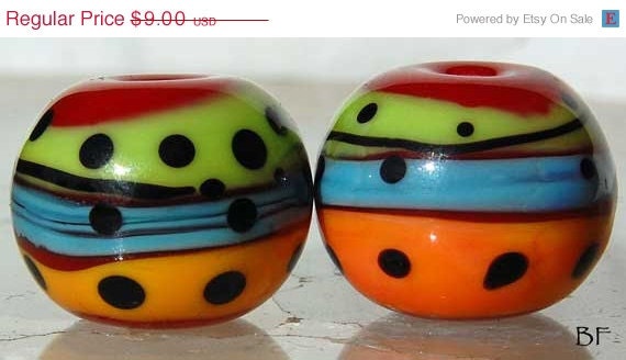 ON SALE 20% OFF Salsa Spheres 2 red, green, blue and orange handmade glass beads by Beadfairy Lampwork, Sra
