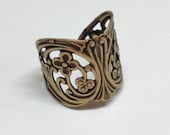 Cuff Ring Blank - Brass Ox Fancy Floral Filigree Adjustable Cuff Ring Blanks