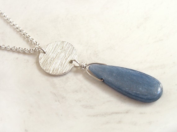 Kyanite Raindrop Necklace blue stone woodgrain texture silver disc charm link OOAK handmade pendant recycled .999 Fine Silver Sterling chain