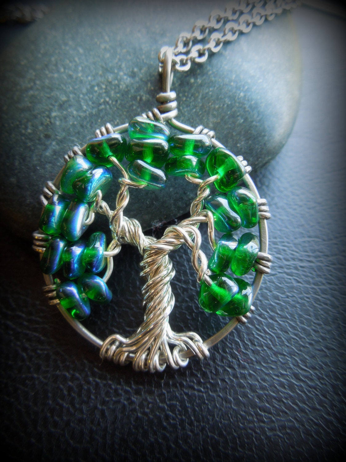 Emerald Green Beaded Tree of Life Necklace-Sterling Silver