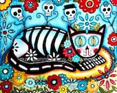 Cat Art Print, Mexican Day of the Dead Art, Whimsical, Watercolor Mixed Media, Original Art Print, 8 x 10, Turquoise Blue