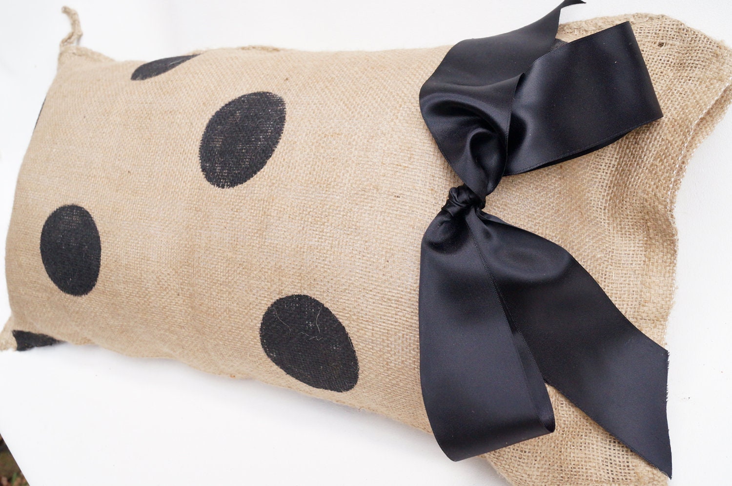 Black PolkaDot  Burlap Pillow with Bow