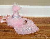 Girls First Birthday Hat and bib - Soft pink and white dots with baby blue accents - Unique gift