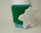 Cup Cozy for Take-Out Cup, Kelly Green with White Flower - Buy 2 Get 1 Free