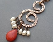Stamped Copper Necklace with  Red Howlite and Freshwater Pearls