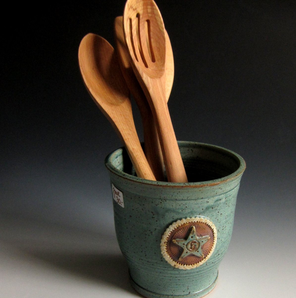 Cowboy style utensil holder Cowgirl Star  Aqua glaze on Rustic brown stoneware