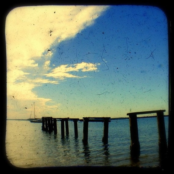 Beach Photography Nautical Decor Rustic Wooden Pier Beach Photo Summer Ocean Art Wall Decor Blue Coastline TtV 5x5 Nature Photography Print