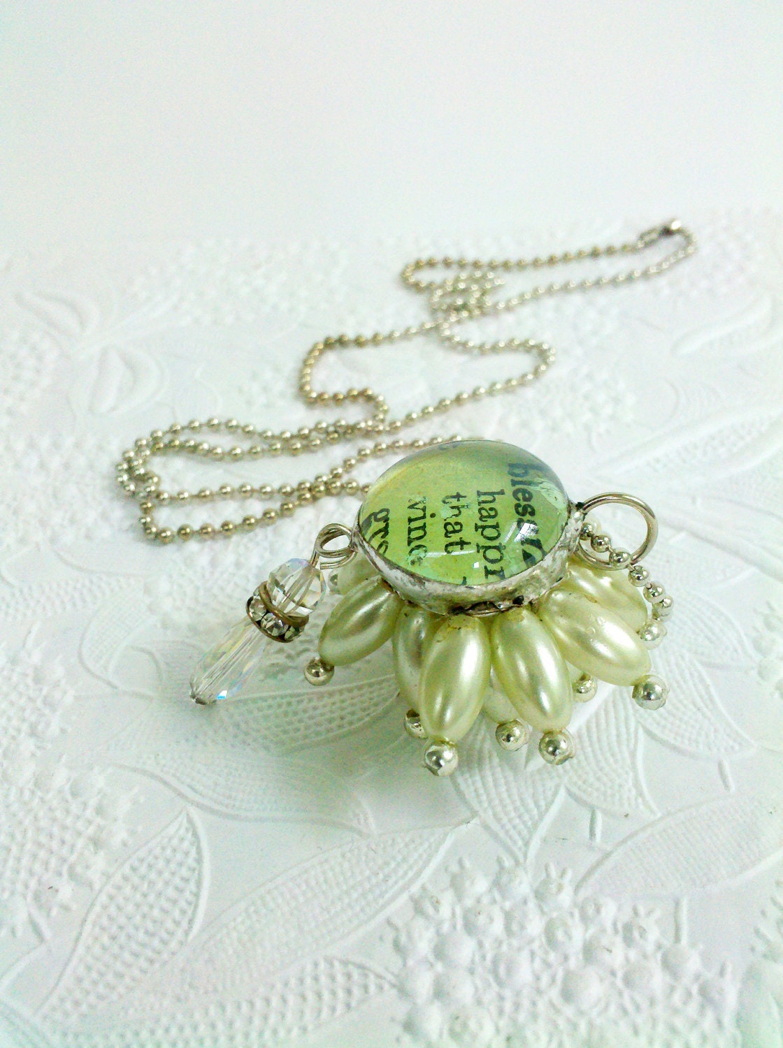 Soldered Bauble Charm Necklace, Vintage Assemblage Pendant, Mint Green Beaded Pendant, Shabby Chic Necklace, Gift for Bridesmaids, Blessings