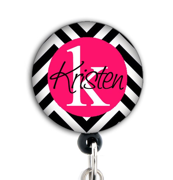 Retractable ID Badge Holder - Personalized Name - Black and Hot Pink Chevron