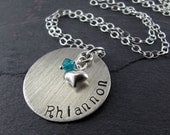 Heart Charm Birthstone Name Necklace - 1" Hand Stamped Sterling Silver Disc, Swarovski Crystals, Puff Heart Charm