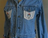 Vintage Remix Embroidery Barkcloth Faded Jean Jacket S