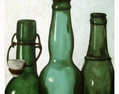 VINTAGE Green Bottles still life print from my ORIGINAL oil painting