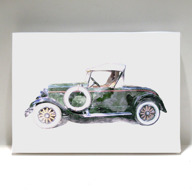 Vintage Roadster Art on  5x7 Canvas Print on Wood Block - Vroom Vroom Vroom  - Home Decor - Wall Art