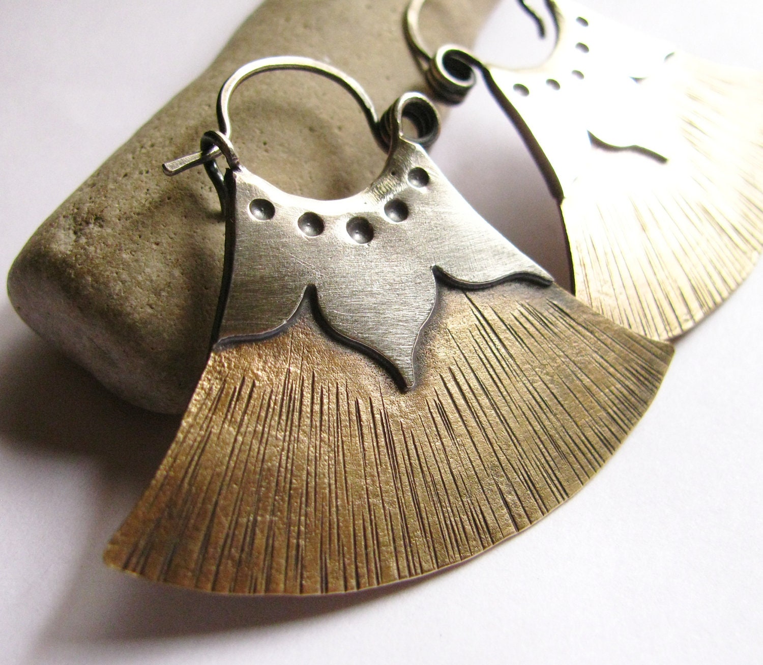 Tribal Lotus Hoop Earrings - Egyptian Inspired Mixed Metal Earrings - Artisan Metalsmith Jewelry - Bronze And Silver Earrings