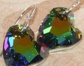 Heart Dangle Earrings, Swarovski, Devoted To U, Crystal, Sterling Silver, Vitrail Medium, Green, Purple, Handmade Jewelry