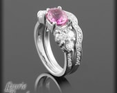 Hot Pink Oval Pink Sapphire and Diamond Ring with Contoured Diamond Wedding Band in 14kt White Gold - LS2460