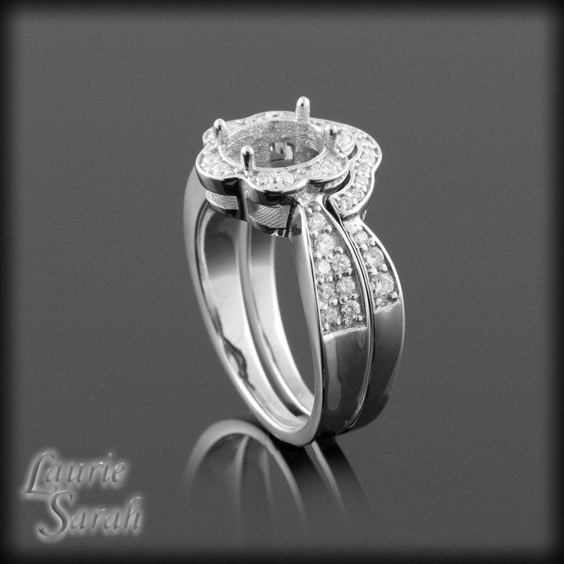 Oval Diamond Engagement Ring Set - Flower Wedding Set - Engagement Ring Semi Mount - LS2514