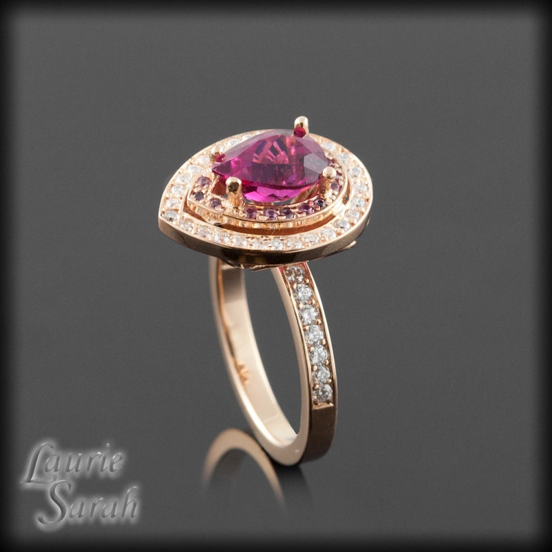 Pink Tourmaline, Pink Sapphire and Diamond Ring - Pear-Shaped Double Halo - LS412