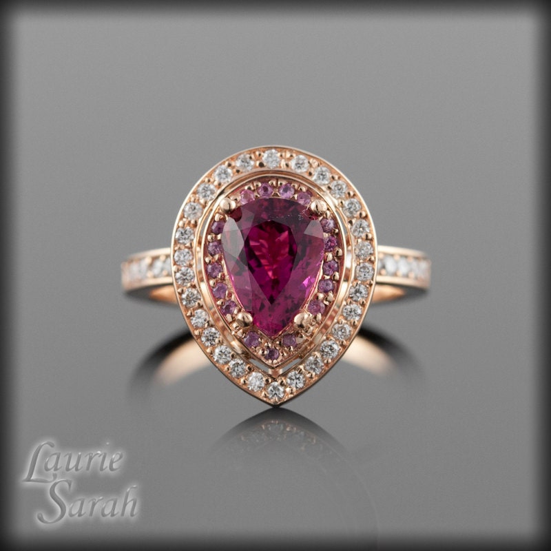 Pink Tourmaline, Pink Sapphire and Diamond Ring - Pear-Shaped Double Halo - LS412