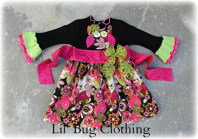 Custom Boutique Girl Owl Pink And Lime Lace Funky Floral Flower Dress 3m 6m 9m 12m 18m 2T 3T 4T 5T 6 7 8 girl