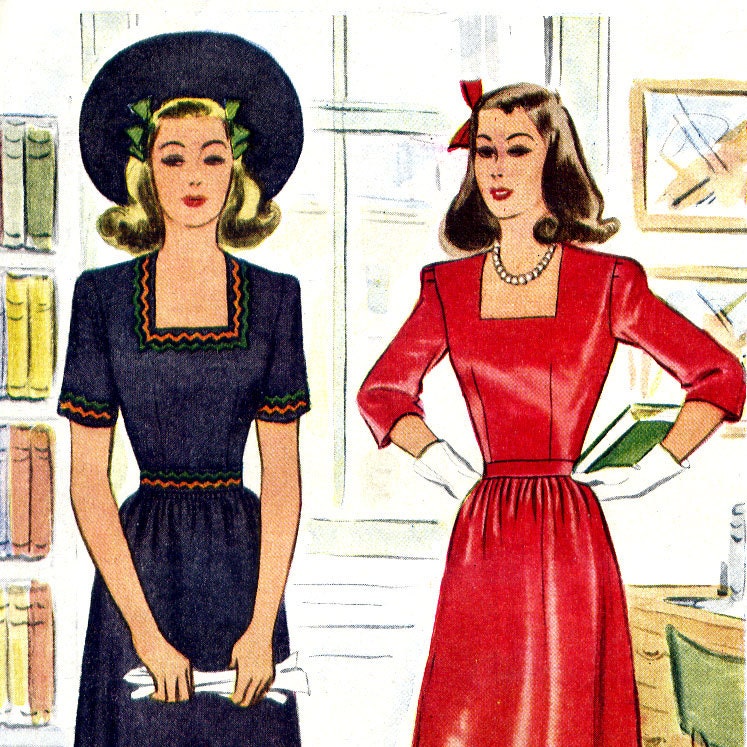 Vintage 1940s Day Dress Pattern with Square Neckline - Size 15- Bust 33- McCall 4944