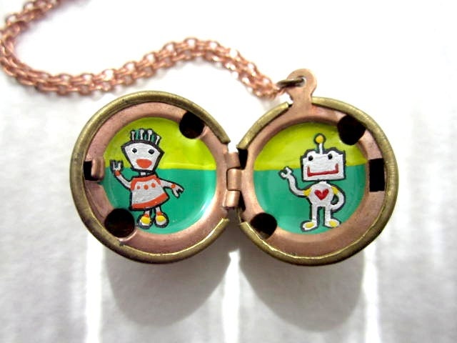 Robot Love Locket - Hand-painted in Lime Green, Kelly Green and Silver with Tiny Details, Buttons and Gadgetry