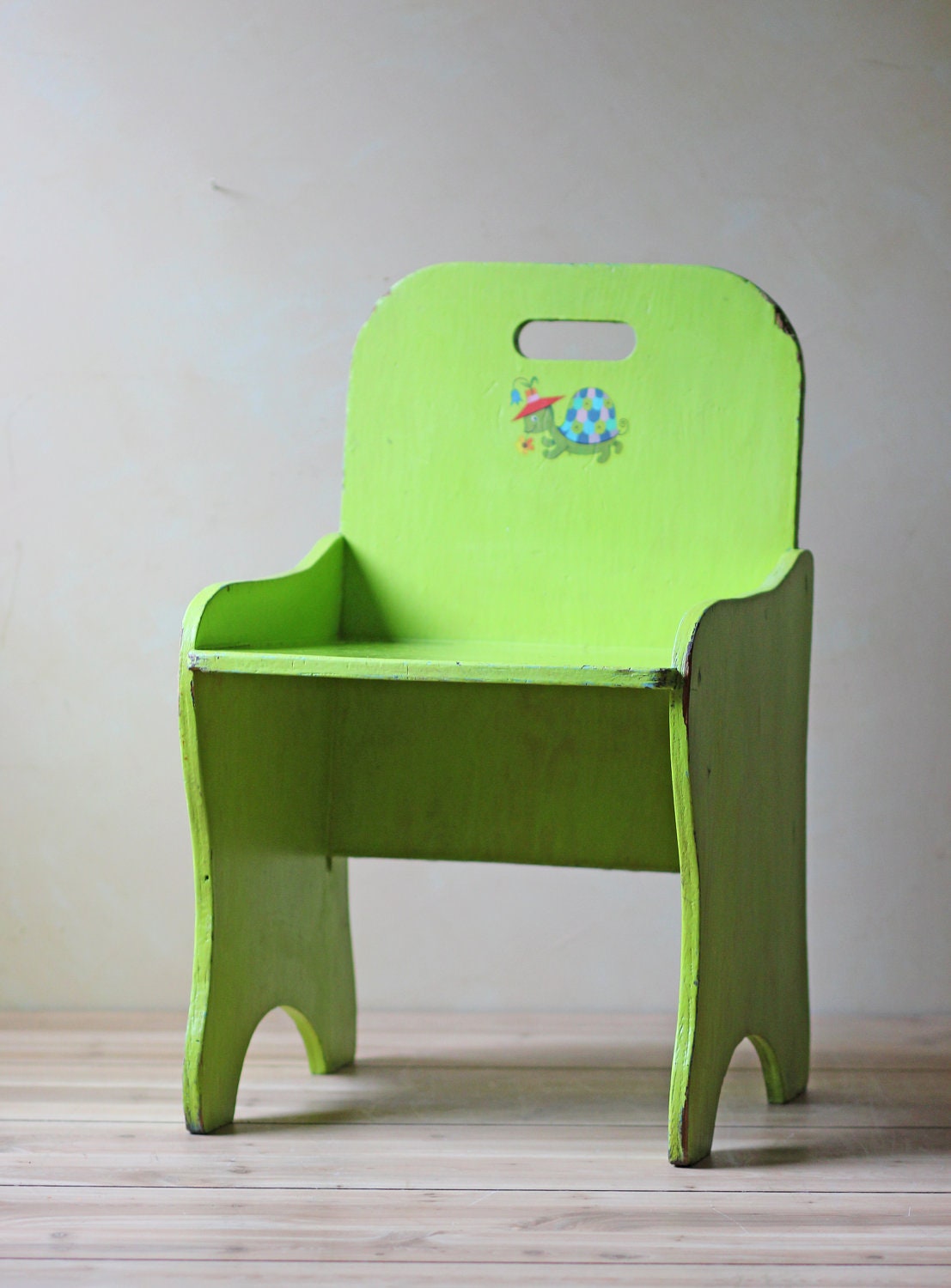 vintage child size wooden chair neon green