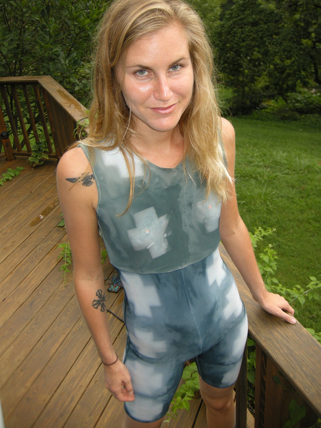Spandex Romper Playsuit Bodysuit Hand Resist Dyed Swiss Cross Geometric Pattern