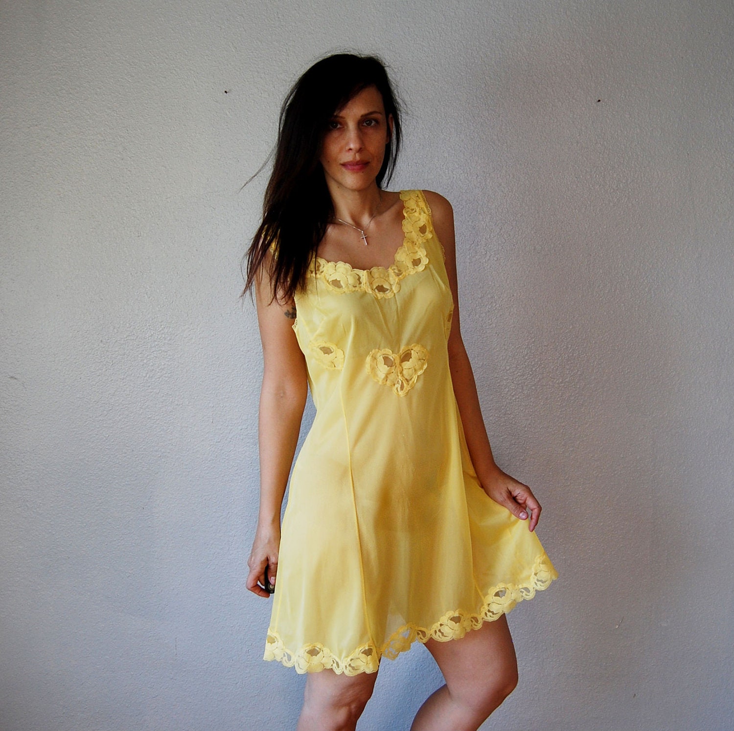 vintage LACE night dress / 1960s YELLOW lingerie