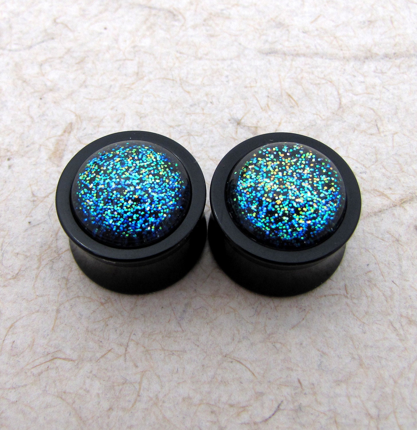 Double Flare Plugs - Black Acrylic Plugs - Milky Way Sparkle - 1/2" 9/16" - Galaxy Blue Sparkle Glitter Plugs