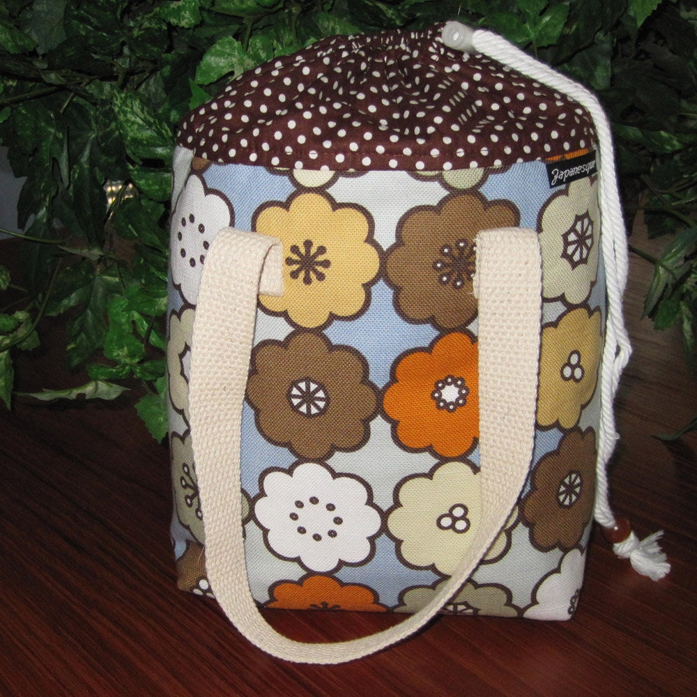 Padded Thermal Lined Drawstring Top Lunch Tote Flower Power Design