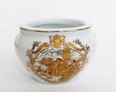 French Antique Sugar Bowl -LIMOGES Gold Scene Porcelain China Serving Petite Jam Pot Mustard Collectible Jewelry Box Vanity Table