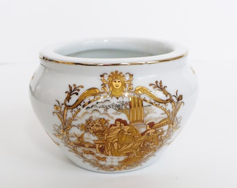 French Antique Sugar Bowl -LIMOGES Gold Scene Porcelain China Serving Petite Jam Pot Mustard Collectible Jewelry Box Vanity Table
