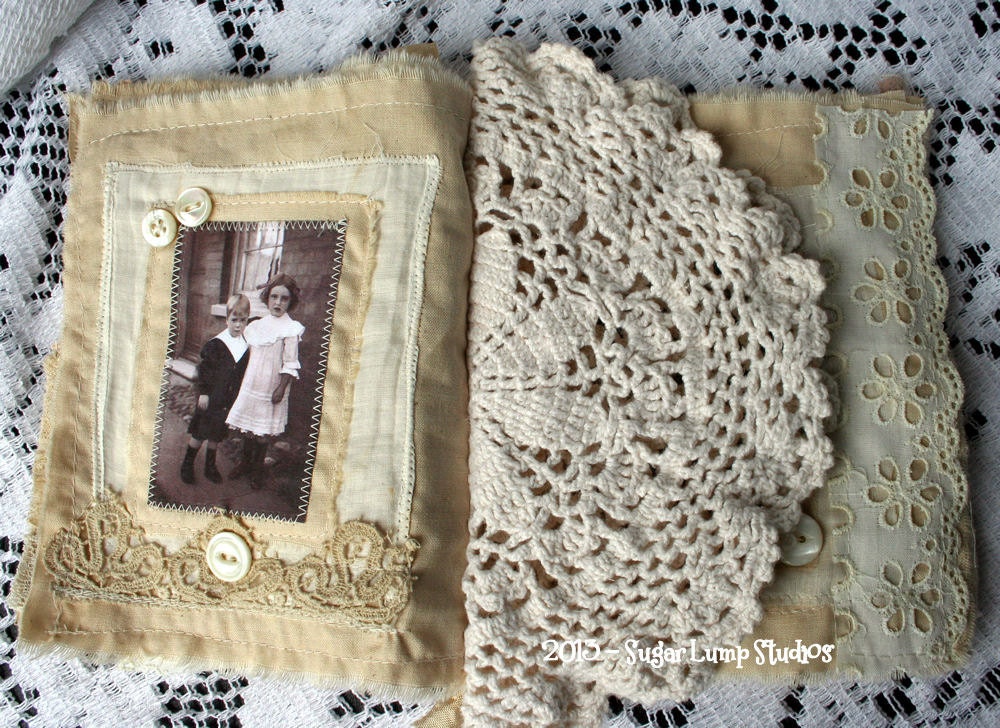 Tea Stained OOAK Fabric Collage Book with vintage laces