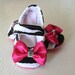 maryjane baby girl shoes newborn velcro strap booties soft sole Zebra twill Fuschia bow silver slippers SWAG gift non slip