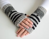 Hand-Knit Fingerless Mittens - The Doppler Effect Fitted Mitts - Black and Gray