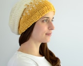 Hand-Knit Hat - Transitive Property Slouch - Golden Yellow and Off White - ToilandTrouble
