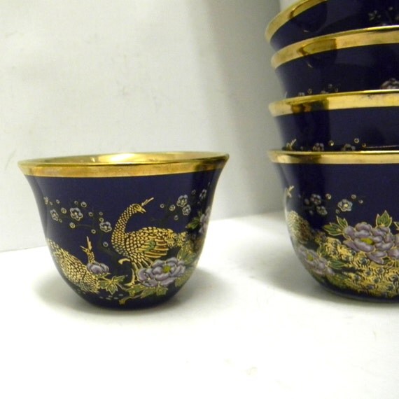 gold  cups Vintage cups by FeliceSereno bowls blue Sake sake vintage peacock and
