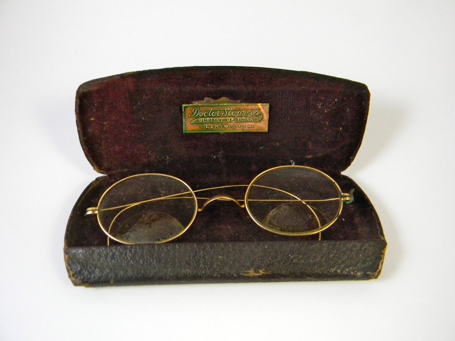 Vintage spectacles, glasses, bi-focal in original leather box - photo shoot prop