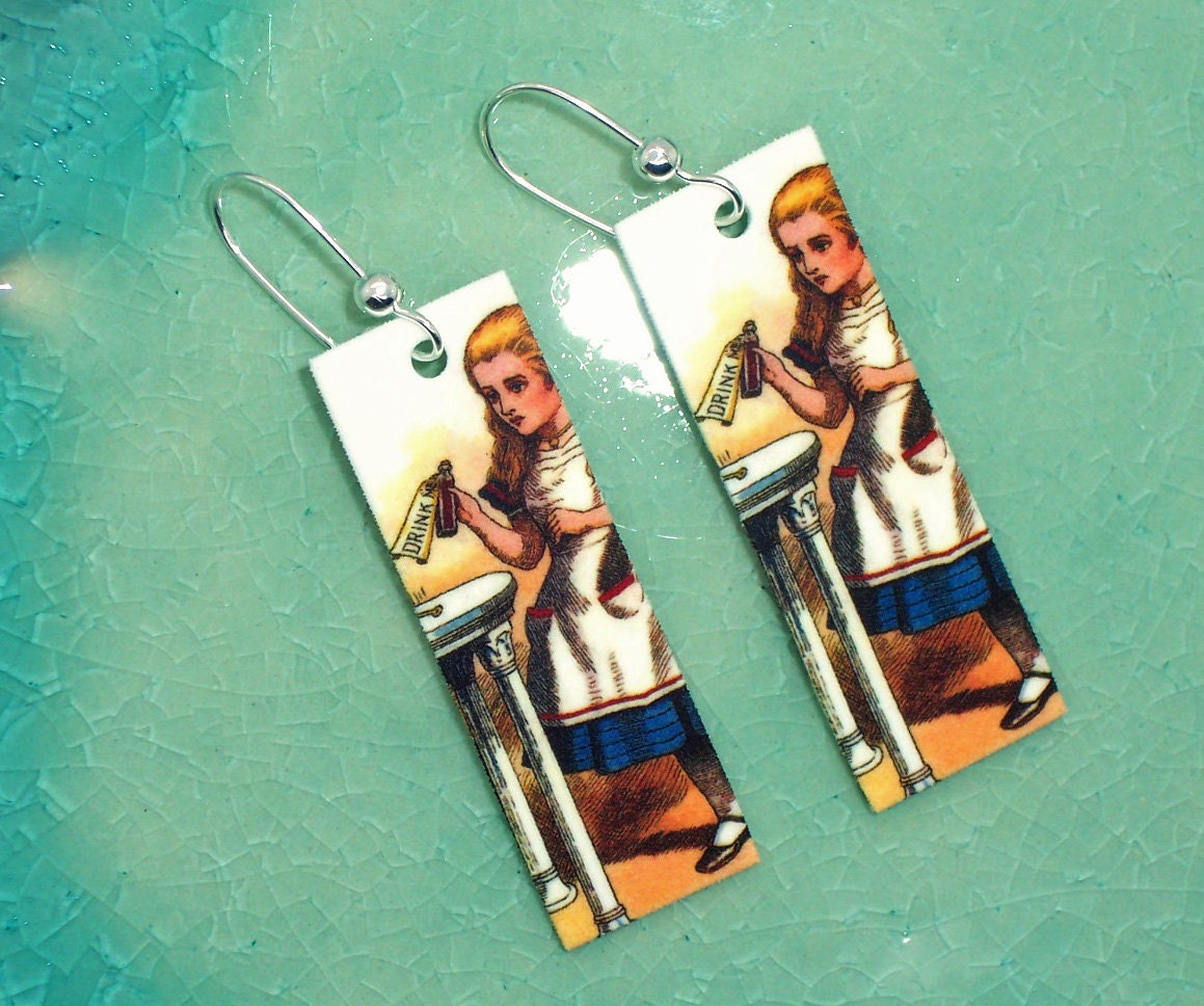 Alice in Wonderland, Drink Me, earrings ..... handmade, oz, Curiouser ........ FREE Shipping US
