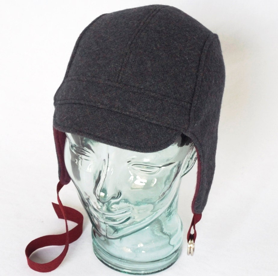 Aviator Hat in Blue and Burgundy Tweed Wool : Womens, Mens Hats - Amelia - Large