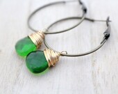 Olive Green Hoops - Quartz And Brass, Spring Fashion, Bohemian, Gifts Under 25