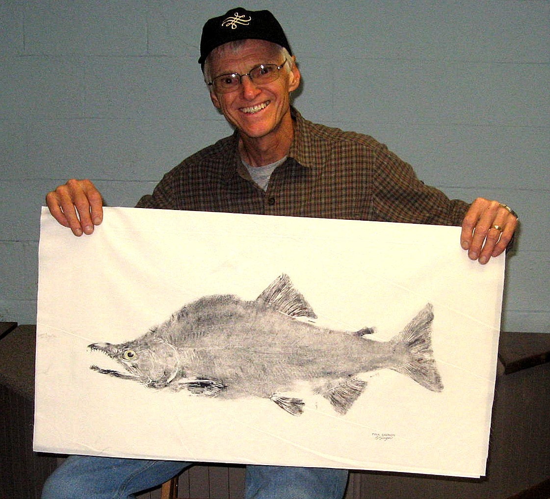 Pink or Humpback Salmon, Original GYOTAKU Fish Art Rubbing on natural muslin