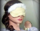 Sleep Mask, SLEEPING BEAUTY, gold, white fur, elastic band,fleece interfacing, regal,royalty